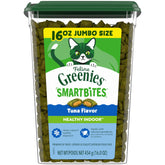 Greenies Feline Smartbites tuna tub front, inviting indoor cats to enjoy a healthy reward.