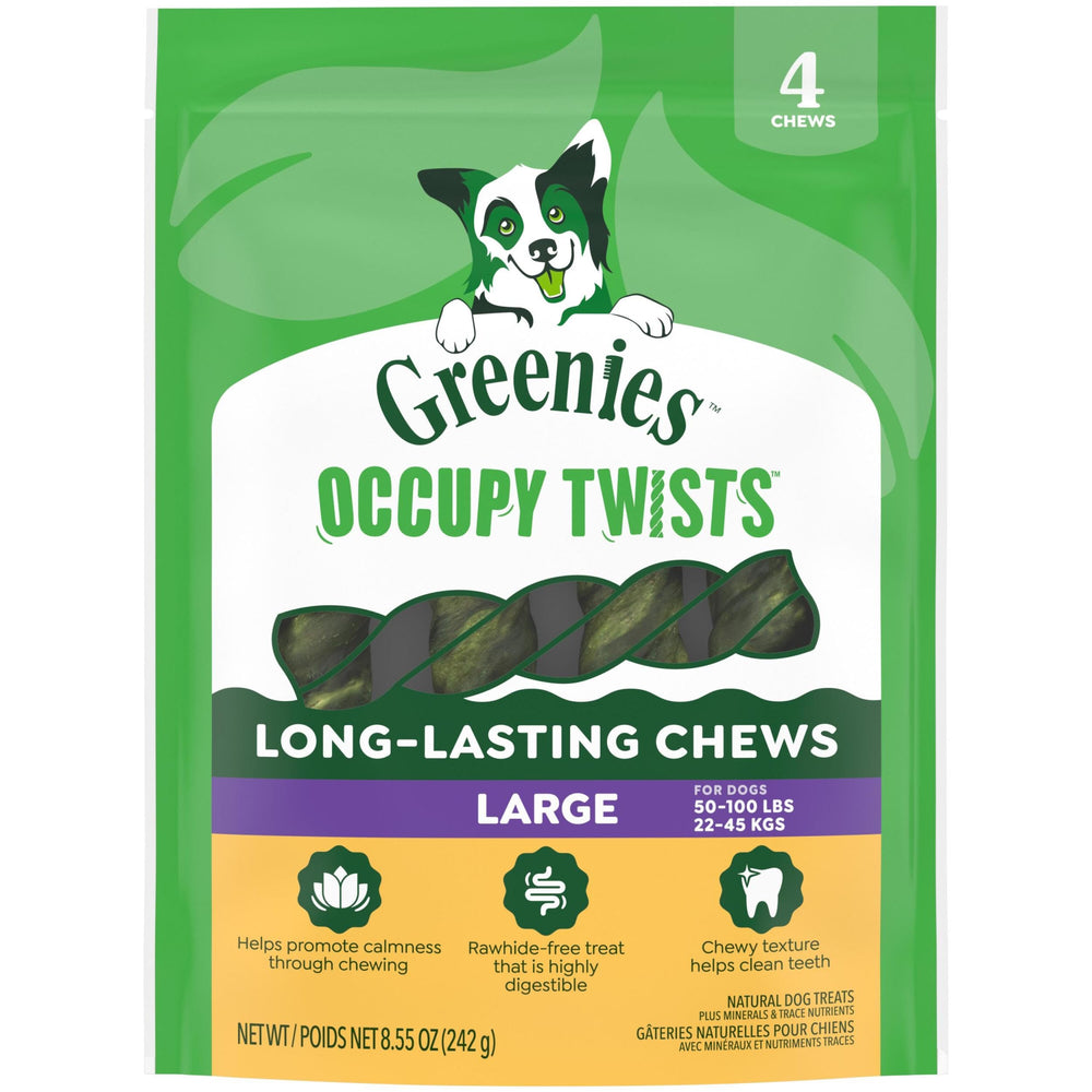 Greenies Occupy Twists large-breed pack front view highlighting long lasting chews