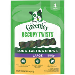 Greenies Occupy Twists large-breed pack front view highlighting long lasting chews