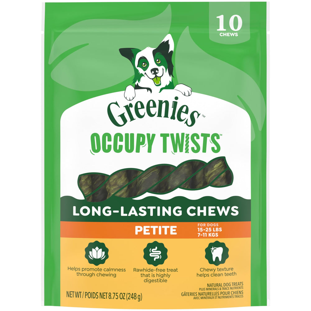 Greenies Occupy Twists petite pack front label highlights natural ingredients for dogs.