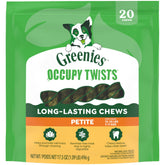 Greenies Occupy Twists petite pack keeps dogs 15-25 lbs engaged during chew.