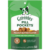 Greenies Pill Pockets large-size packaging demonstrates a ready-to-use treat for capsules.