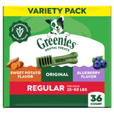 Greenies regular size packaging front shows dog dental treats for daily oral care.