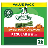 Greenies sweet-potato regular-size dental chews bag promoting daily oral care.