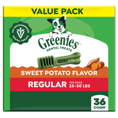 Greenies sweet-potato regular-size dental chews bag promoting daily oral care.
