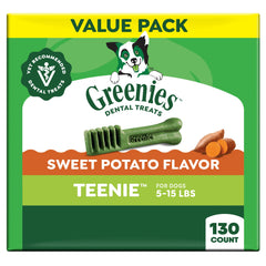 Greenies Teenie sweet-potato dental treats in a bag support small-dog breath freshness.