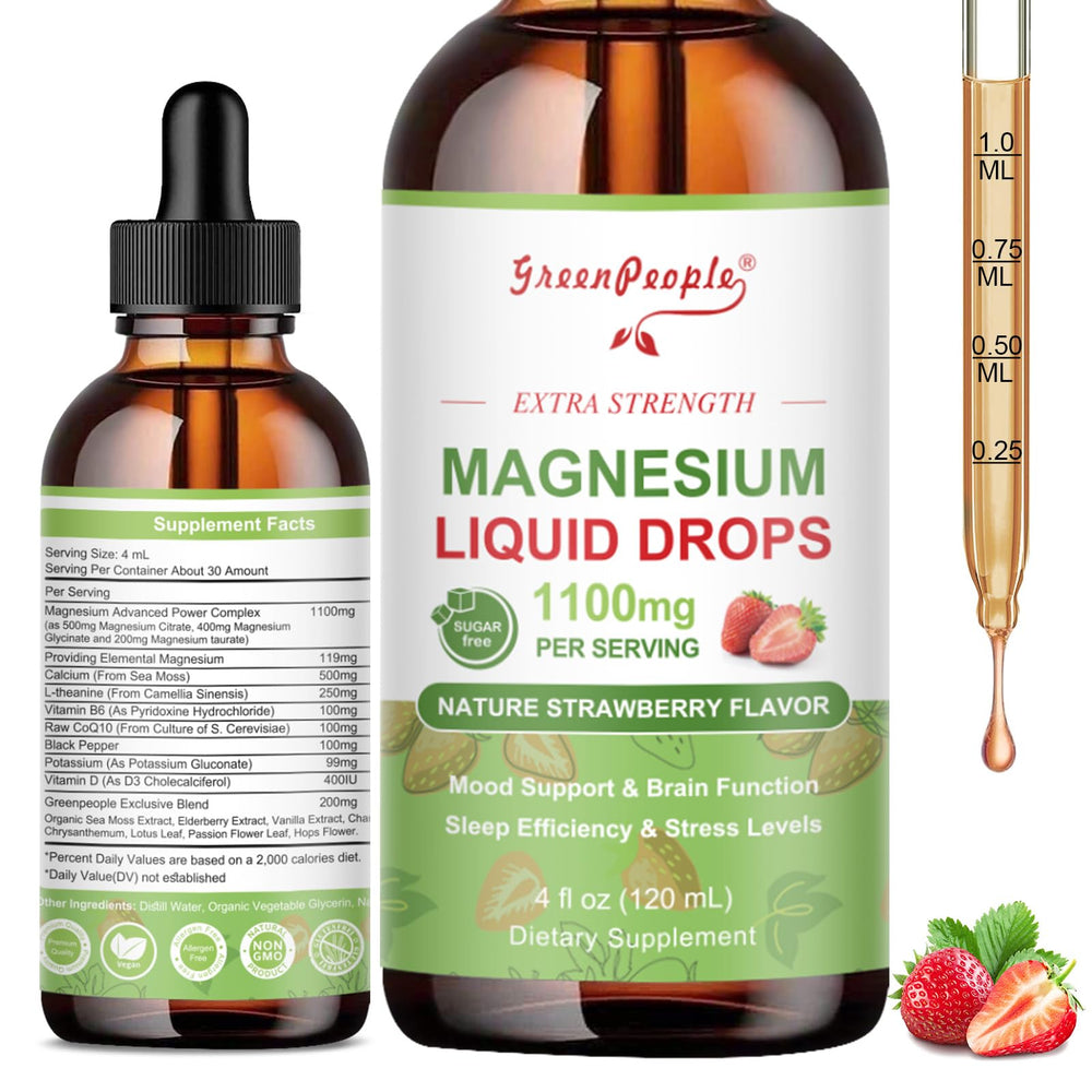 GREENPEOPLE Magnesium Glycinate Liquid Drops bottle for daily calm and sleep support.