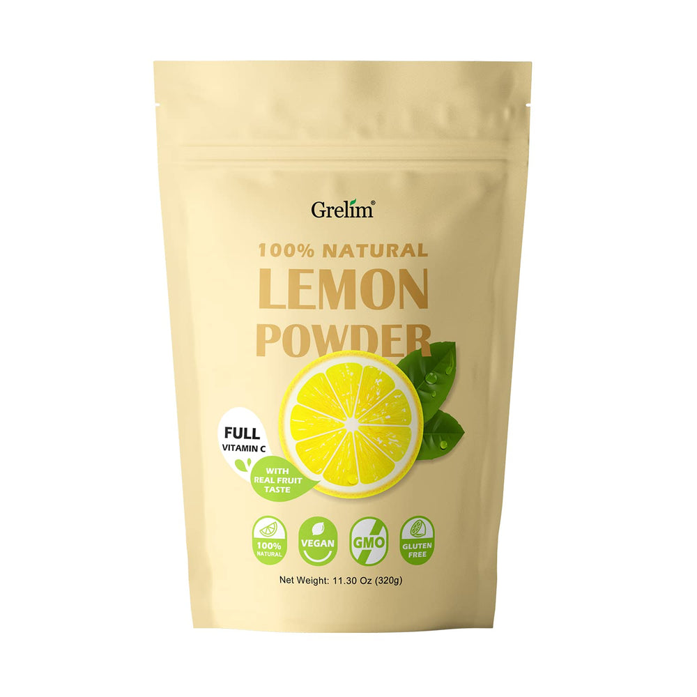 Grelim Lemon Powder bottle with label highlights natural flavor and vitamin C.