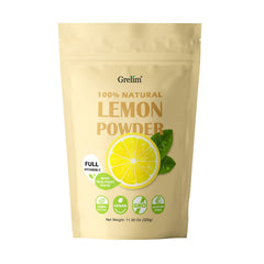 Grelim Lemon Powder bottle with label highlights natural flavor and vitamin C.