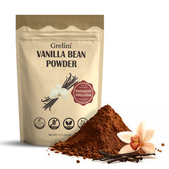 GRELIM vanilla bean powder in resealable bag with rich Madagascar aroma for baking.