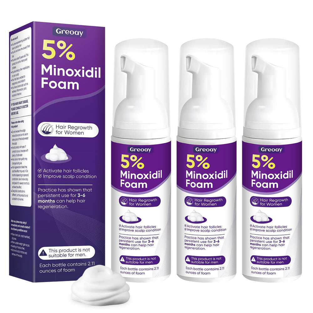 Greoay 5% minoxidil foam bottle pour for easy scalp application.