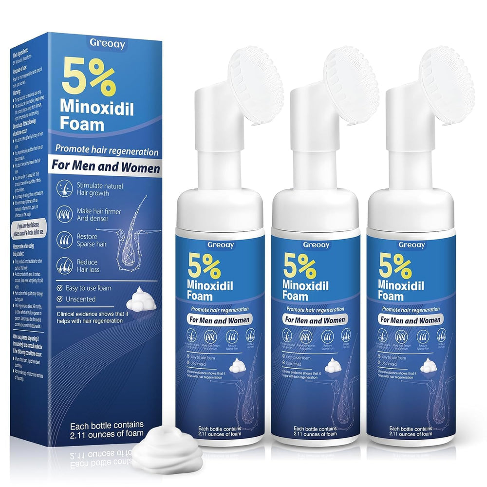 Greoay Minoxidil foam bottle on a clean surface for daily scalp care routine.