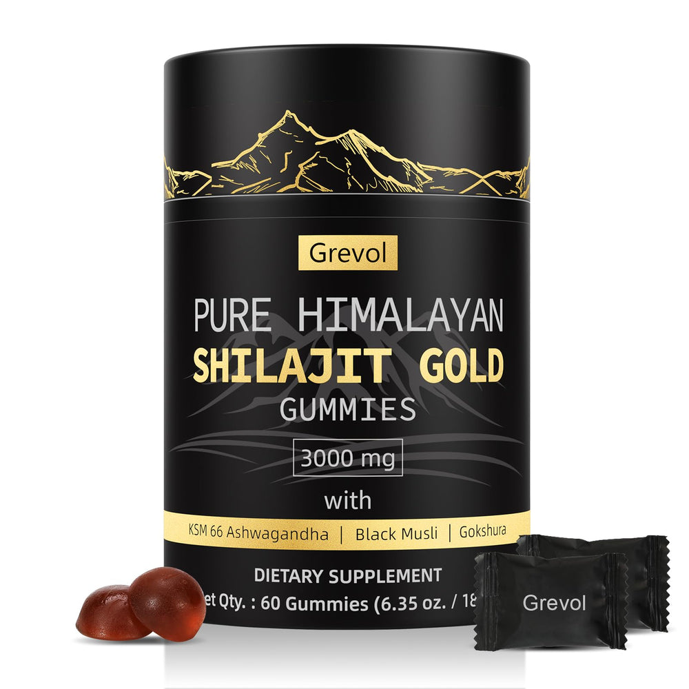 Grevol Himalayan Shilajit Gummies bottle, convenient daily supplement on the go.