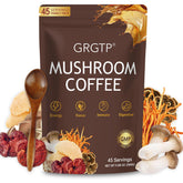 GRGTP Mushroom Coffee packaging highlights six-adaptogen blend for balanced energy.