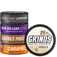 GRINDS Double Shot Espresso pouch ready for bold morning energy on the go.