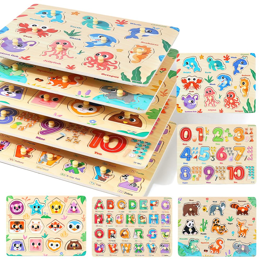 GRINNNIE wooden number puzzle shown with colorful digits for early math exploration