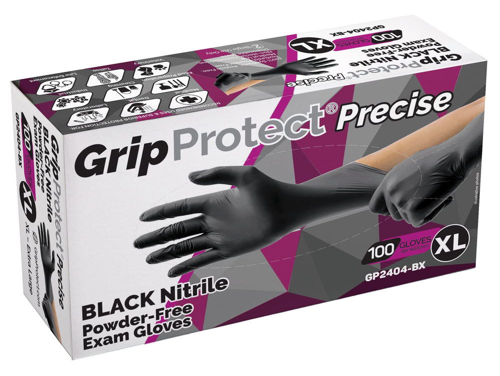 GripProtect Precise Black gloves pack shot highlighting bulk value and 4 mil thickness