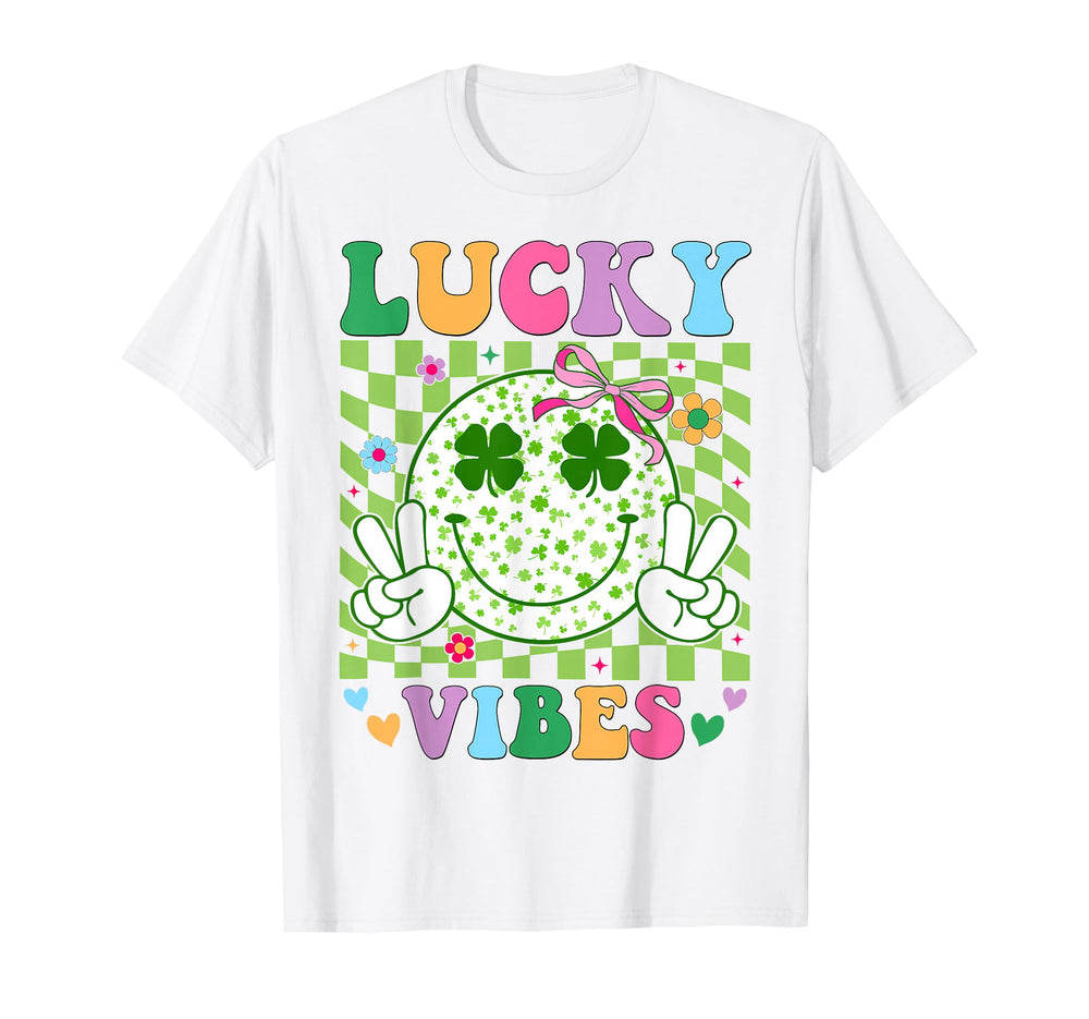 Groovy St Patrick's Day Lucky Vibes shamrock t-shirt front view for festive wear.