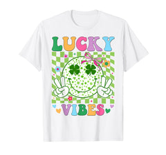 Groovy St Patrick's Day Lucky Vibes shamrock t-shirt front view for festive wear.