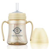 GROSMIMI spill-proof sippy cup in butter color with straw for mess-free sipping.