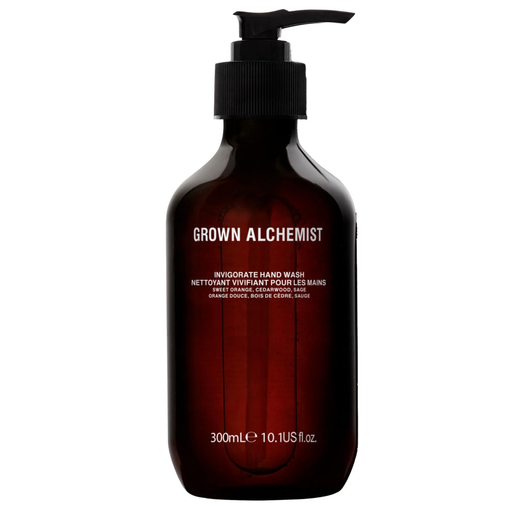 Grown Alchemist Invigorate Hand Wash bottle closeup highlights aloe-rich formula and citrus aroma.
