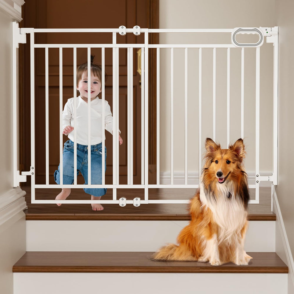 Grownsy stair gate with no bottom bar enables seamless passage on stairs 29.8–43.5 inches.