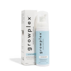 Growplex Vitafoam 5% minoxidil foam packaging for easy, targeted use on thinning areas.