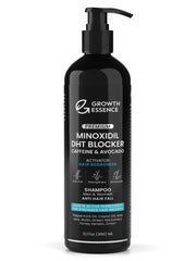Growth Essence Minoxidil Shampoo bottle front highlighting growth-supporting formula for daily scalp care.