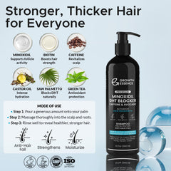 Ingredients collage shows biotin, caffeine, onion extract in Growth Essence formula.