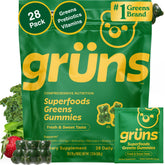Grüns Adult Super Greens bottle with colorful gummies for daily nourishment.