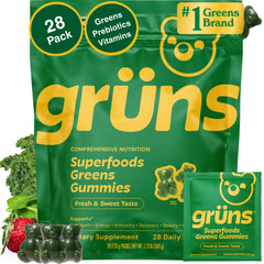 Grüns Adult Super Greens bottle with colorful gummies for daily nourishment.