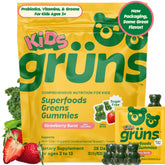 Grüns Kids Multivitamin bottle front with colorful gummies for daily nutrition.