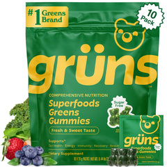 Grüns Sugar-Free Super Greens Gummies bottle with strawberry flavor for daily nutrition.