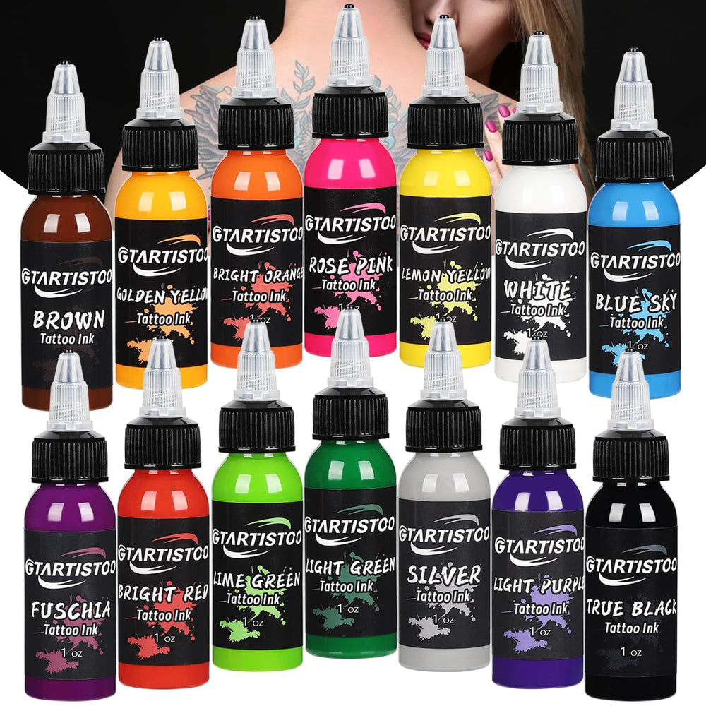GTARTISTOO professional tattoo ink set with 14 colors in 1oz bottles for vibrant linework