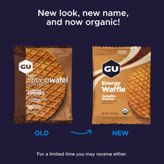 GU Energy Stroopwafel salted chocolate packaging highlighting convenient energy on the go.