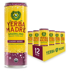 Guayaki Yerba Madre Cherry Berry can with bright bubbles for daytime focus.