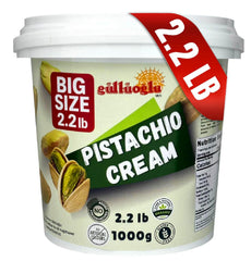 Gulluoglu Pistachio Cream 1kg jar cap close-up, premium texture great for desserts.
