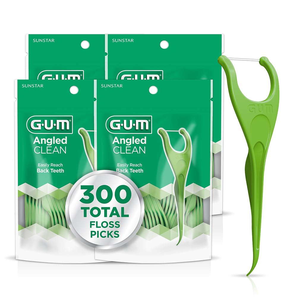 GUM Angled Floss Picks 4-pack front view, travel-ready flossing.
