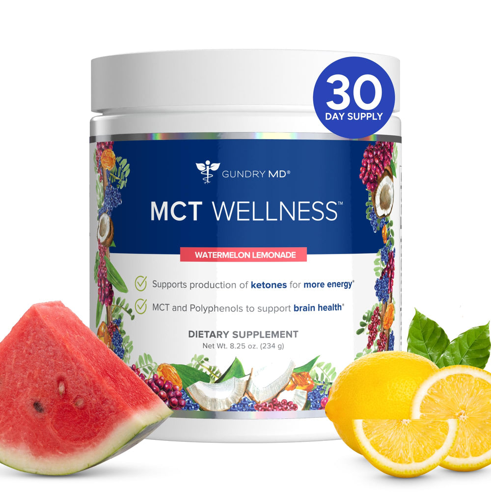 Gundry MD MCT Wellness Powder water bottle with watermelon lemonade flavor for sustained energy.