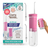 GuruNanda compact pink water flosser showing collapsible tank for travel