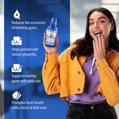 GuruNanda gingivitis prevention illustration highlights safe, alcohol-free formula.