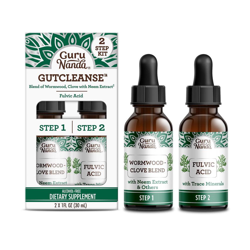 GuruNanda Gutcleanse 2-Step Kit bottle and box supports digestion and waste removal.
