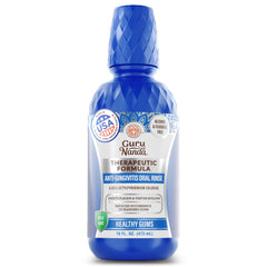 GuruNanda Healthy Gums mouthwash bottle closeup showing gum support and fresh breath.