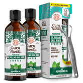 GuruNanda Starter Pulling Oil bottle front view shows two bottles for daily pre-brush refreshment