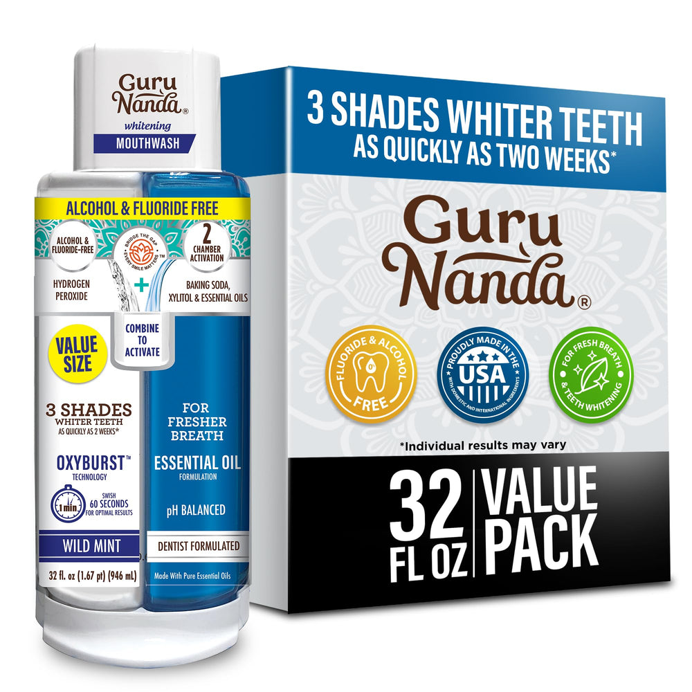 GuruNanda teeth whitening dual-barrel mouthwash bottle for a brightening routine