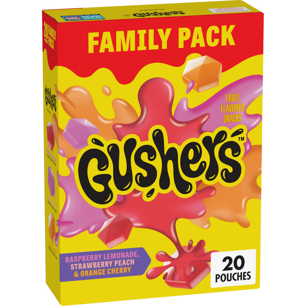 Gushers raspberry-lemonade liquid-center gummies in a snack pouch, ready to enjoy.