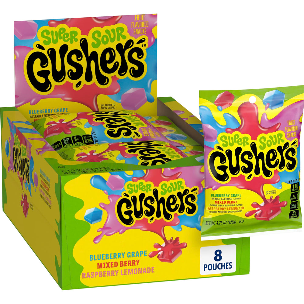 Gushers Super Sour Berry blueberry-grape center bursting with fruity flavor for snacking