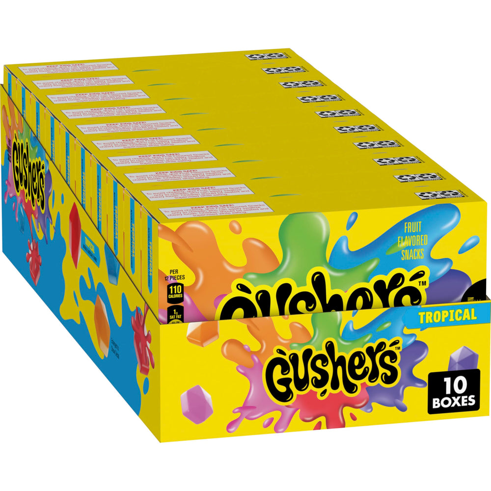 Gushers Tropical Movie Box mini pouches with a juicy center, ideal for kid-friendly snacking.