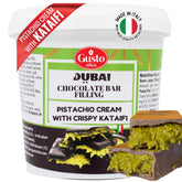 GUSTO ETNA Dubai pistachio-chocolate bar filling with crispy kataifi, luxurious dessert base.