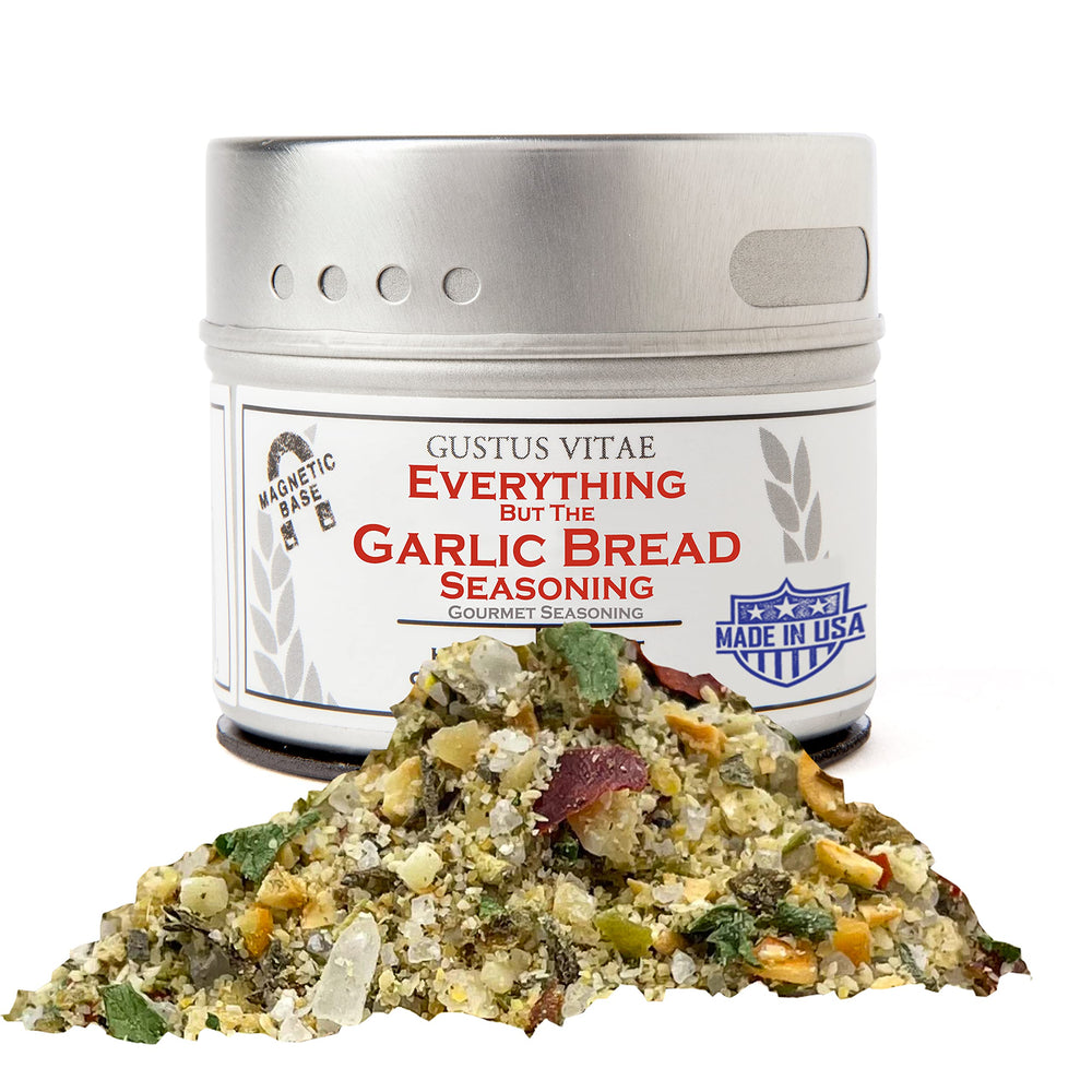 Gustus Vitae Everything But The Garlic Bread Seasoning jar boosts garlic flavor on bread